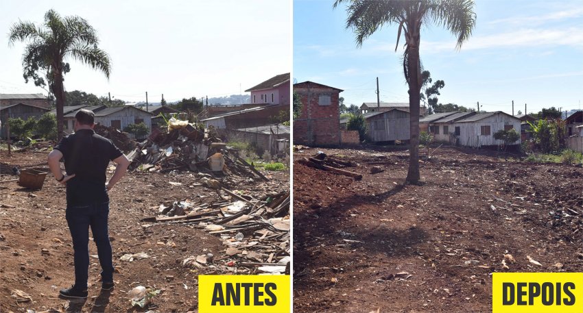 Antes e depois da limpeza realizada pelo Governo Municipal recentemente (Foto: Prefeitura de Xaxim)
