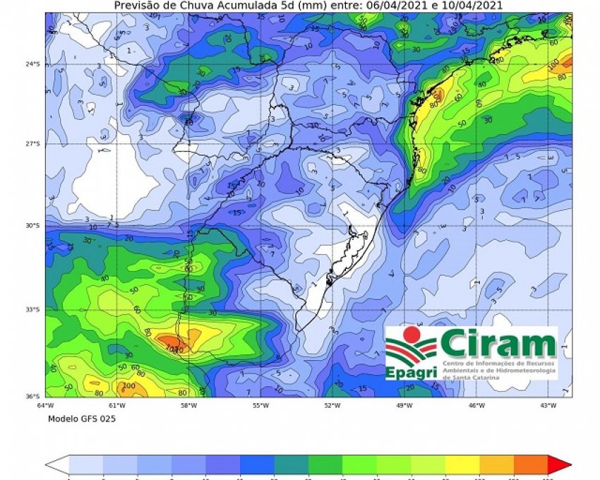 Imagem da Epagri mostra total de chuva previsto para os dias entre 06 e 10 de abril